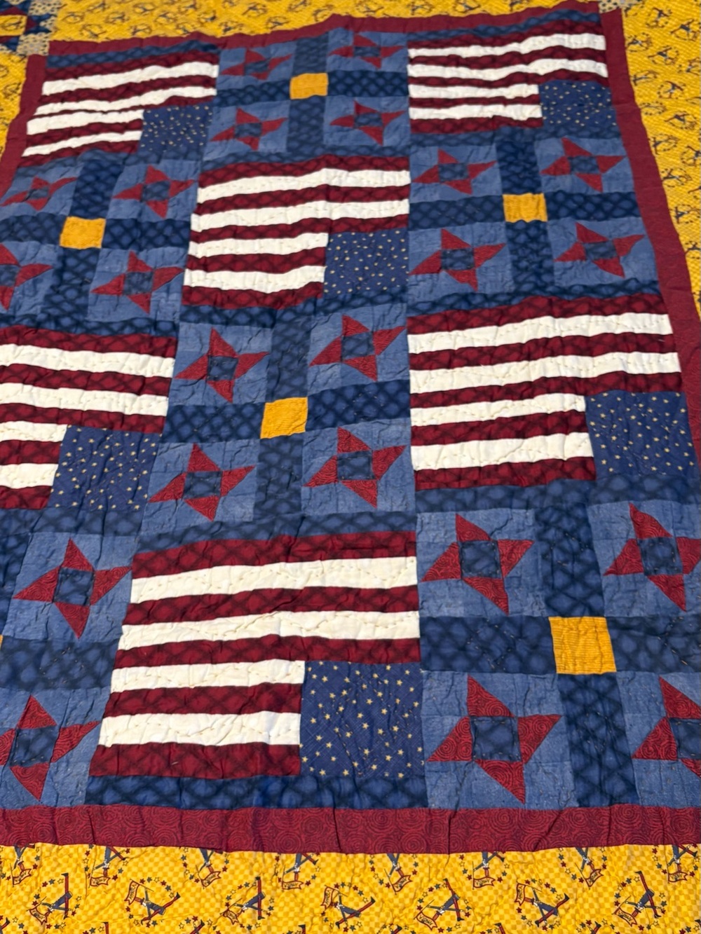 Patriotic Star Patchwork Quilt - Blue, Red, White, Yellow